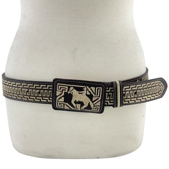 YAC Black/Cream Leather/Silk Horse Embroidered Belt Men’s Size 38 Pre-Owned - Picture 1 of 4